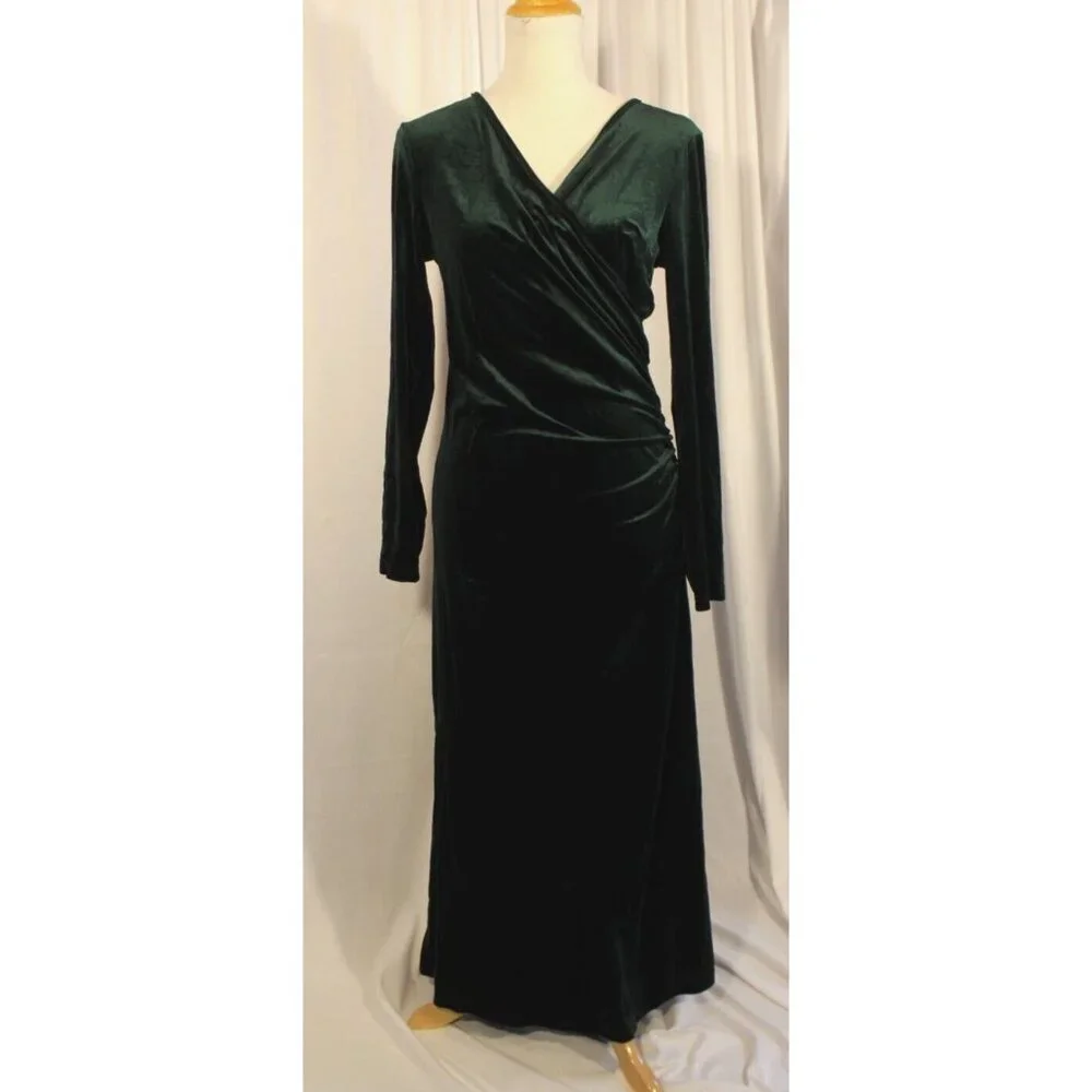 ZABERRY Women Green VNeck Long sleeve Ruched Velvet Cocktail Evening Dress Large - Picture 2 of 5